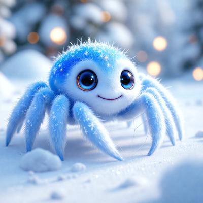 The primary subject of the image is a small, blue, snow-covered spider with a smile on its face. The setting is a snowy environment, and the visual style appears to be a digital art or illustration. The dominant colors in the image are blue and white, creating a cold and wintry atmosphere.
